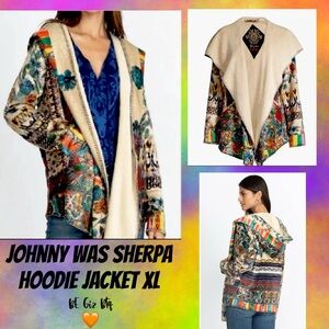 Johnny Was Floral Betzy Sherpa Jacket Beige Blue Floral Top Coat Multicolor